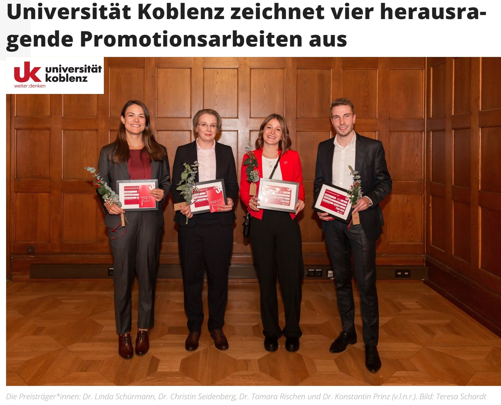 Universität Koblenz zeichnet vier herausragende Promotionsarbeiten aus