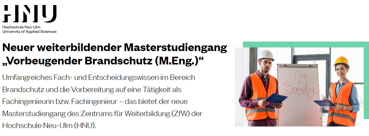 Neuer weiterbildender Masterstudiengang „Vorbeugender Brandschutz (M.Eng.)“ an der Hochschule Neu-Ulm