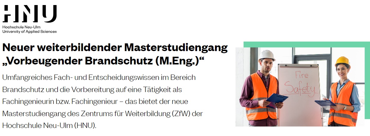 Neuer weiterbildender Masterstudiengang „Vorbeugender Brandschutz (M.Eng.)“ an der Hochschule Neu-Ulm
